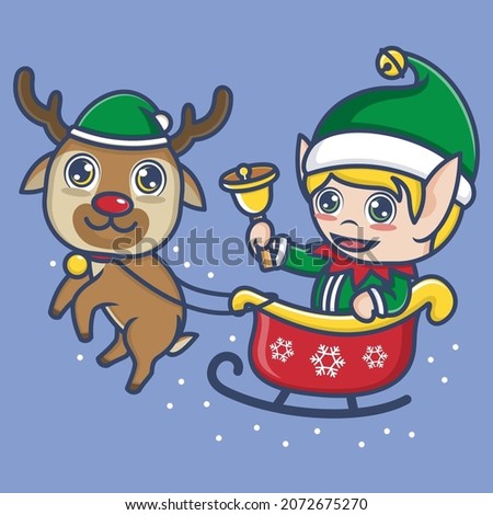 cartoon christmas elf riding a reindeer carriage. vector illustration for mascot logo or sticker