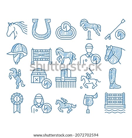 Equestrian Animal sketch icon vector. Hand drawn blue doodle line art Equestrian Horse And Polo Game, Rider Helmet And Shoe, Horseshoe And Barrier Illustrations