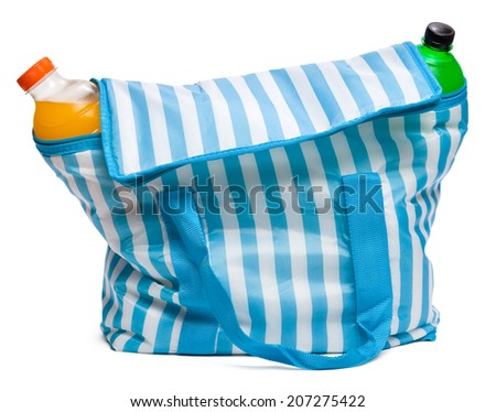 Closed standing blue striped cooler bag with full of cool refreshing drinks, isolated on white
