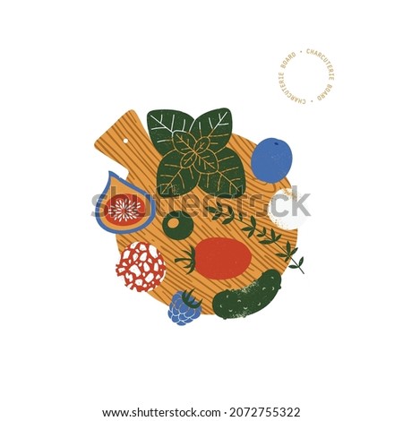 Charcuterie illustration. Appetizers board with various food. Antipasti board. Catering composition. Vector illustration