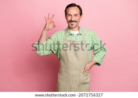 Photo of funny handsome age man wear checkered shirt beige apron showing okey sign smiling isolated light pastel pink color background