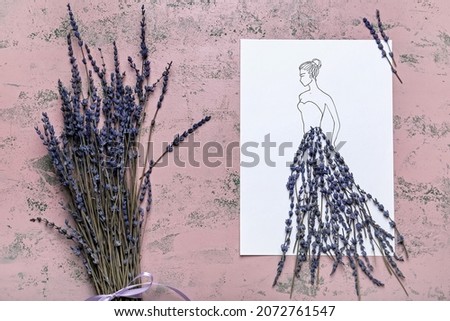 Drawn woman in dress made of lavender branches on color background