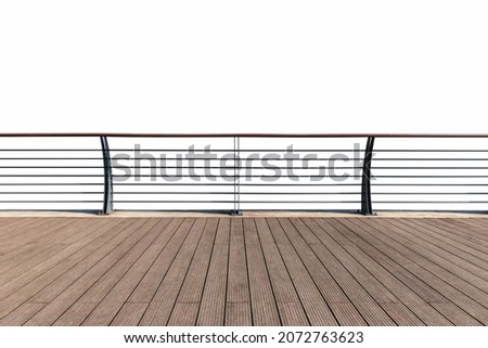 wooden floor and outdoor railings isolated on white with clipping path, waterfront viewing platform Royalty-Free Stock Photo #2072763623