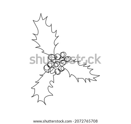 Traditional holly leaves with berries line art. Continuous line drawing of new year, holidays, christmas, plant, flower, leaves, decoration, decor.