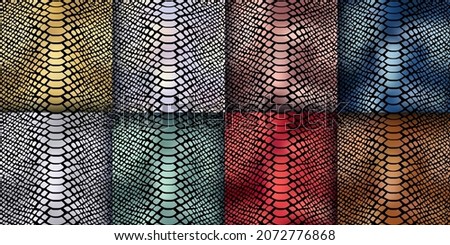 Trendy snake skin gold vector seamless pattern set. Wild animal reptile skin, shiny golden, silver, rose gold, blue, red, green metal foil repeat textured print for fashion, background, wallpaper.