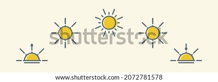 Daytime symbol. Day cycle line icon. Sun position Changing. Movement path sun. Clock with the time of day. Natural phenomenon. Sunshine Sunrise Sunset. Vector illustration Royalty-Free Stock Photo #2072781578