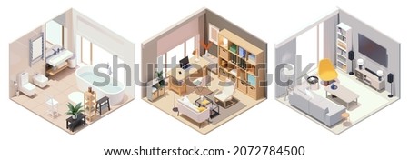 Vector isometric home rooms with furniture. Living room with sofa and tv, home office and bathroom Royalty-Free Stock Photo #2072784500