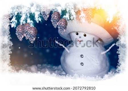 Funny happy snowman. Winter landscape. Merry christmas and happy new year greeting card