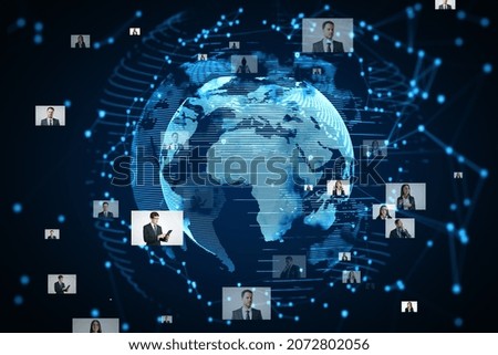 Abstract glowing globe hologram with photo gallery on blue background. Technology, global media and entertainment concept. 3D Rendering