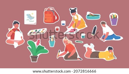 Set of Stickers Kids Painting. Boys and Girls Characters Drawing on Paper with Paints and Colored Pencils Create Pictures, Little Artists Create Masterpieces. Cartoon People Vector Illustration