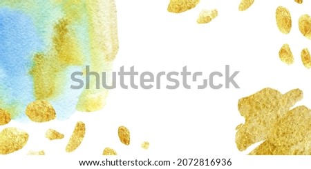 Blue watercolor background. Hand painted golden splash, spray, blot texture background. 