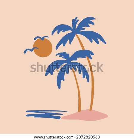 Hand Drawn Tropical Island Vector Illustration with Isolated Elements. Sunset on the Beach with Palm Trees and Calm Sea. Works Well on Posters, Cards and Invitations or as a T-Shirt Print. Royalty-Free Stock Photo #2072820563