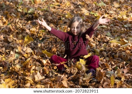 portrait of a little girl in a red sweater in yellow foliage