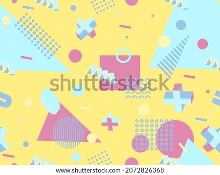 80s seamless pattern with geometric shapes in memphis style. Circles and triangles. Colorful abstract background for printing on promotional items, banners and wrapping paper. Vector illustration