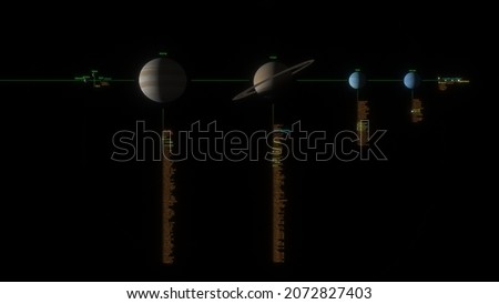 Planets of the solar system in real scale with captions, planets with satellites, planets diagram, comparison of planet sizes, detailed diagram with small satellites
