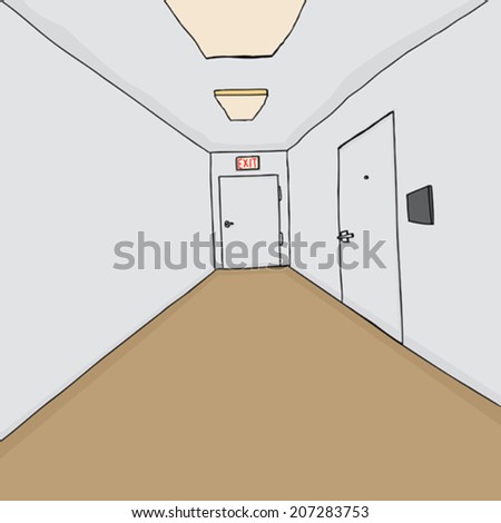 Hallway background with emergency exit and office