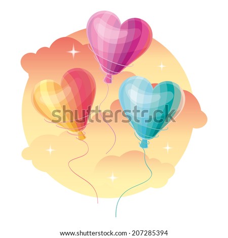 Vector cartoon glossy heart-shaped air balloons on cloudy sky background