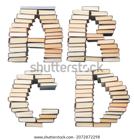 ABC from books. Alphabet isolated on white background. Font composed of spines of books.