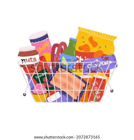 Shopping basket with junk food illustration. Unhealthy, forbidden meals chips, soda, sausages, ketchup, chocolate in packaging. Snacks for party with friends vector concept. Harmful products for life. Royalty-Free Stock Photo #2072873165