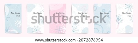 Winter sale stories banners fashion template set. Winter snow design for new stories and promo posts. Winter design with snowflakes, abstract shapes and wavy lines in white, blue, and pink colors set. Royalty-Free Stock Photo #2072876954