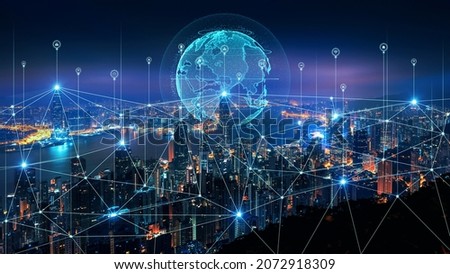 Smart connection network system, smart city network concept, 5G wireless connection. Royalty-Free Stock Photo #2072918309