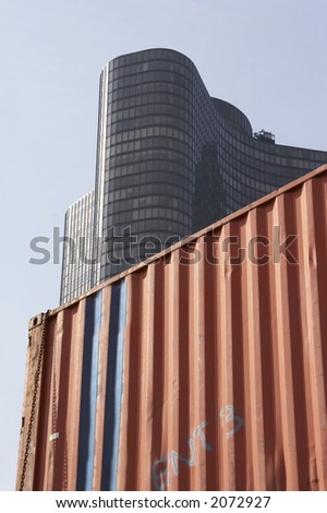 red container before office building