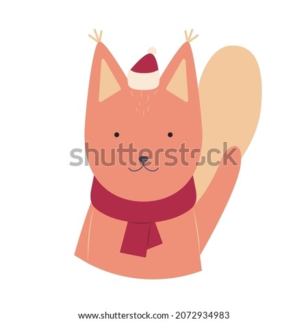 Cute squirrel in a hat and a scarf. Vector illustration for cards, invitations, stickers, t-shirts