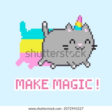 Pixel Art cartoon Cat Unicorn with Rainbow flying on blue background. Kawaii style Caticorn vector illustration. Cute running Unicorn Kitten with "Make Magic" text