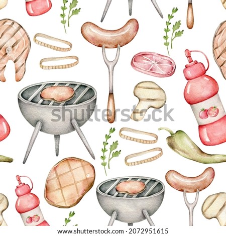Barbecue seamless pattern.Food ornament.Picnic.Fried food.Bbq wallpaper