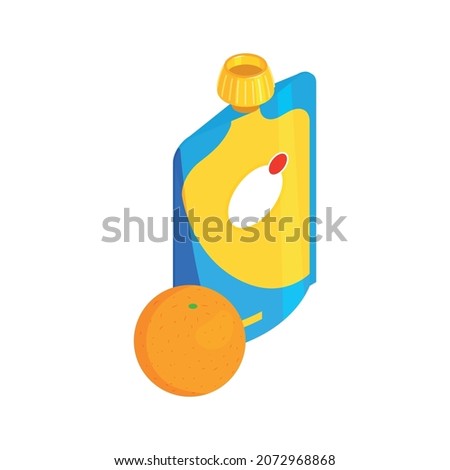 Isometric baby food composition with isolated image of flexible pack with orange sauce and fruit vector illustration