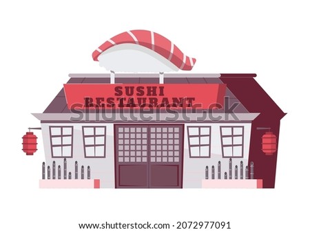 Sushi people composition with isolated image of asian restaurant building vector illustration