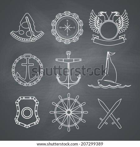 Vintage nautical labels, icons and design elements. Vector set on chalkboard background