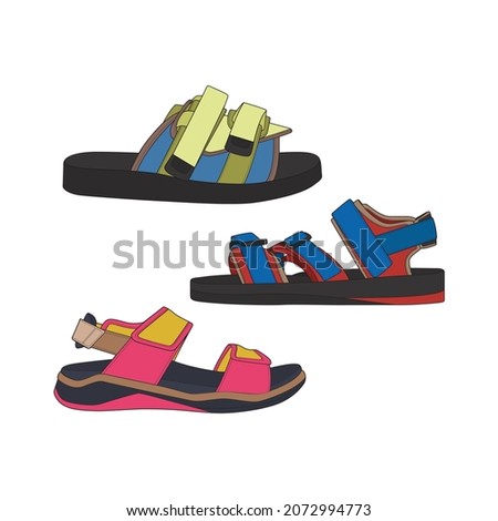 Fashion sandal vector set illustration with white background . Summer set shoe of sandal cartoon. Isolated set cartoon summer footwear.