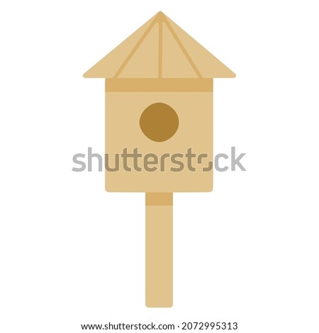 Wooden birdhouse on a stick, a house for birds from boards. Hand drawn vector illustration. Isolated element on a white background.