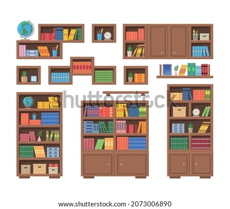 Bookcases with books and other office items. Vector illustration of bookshelves isolated on white background