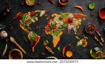 Set of spices and herbs. Indian cuisine. World map: Pepper, salt, paprika, basil, turmeric. On a black wooden board. Top view. Free space for copying.