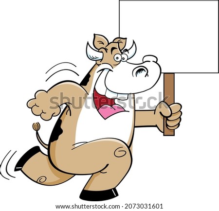 Cartoon illustration of a happy cow running while holding a sign.