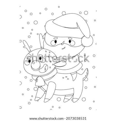 Vector illustration. Hand drawing cartoon character. Santa Claus with gifts. Christmas illustration. Coloring page. Postcard Happy New Year and Merry Christmas.