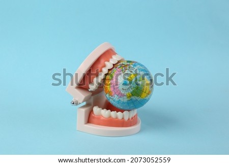 Plastic model of a human jaw with globe on blue background