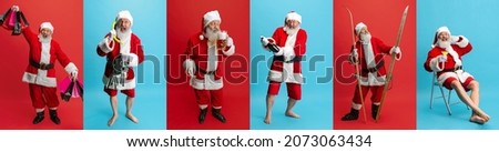 Merry and joy. Collage of full-length portraits of Santa Claus posing isolated over red and blue background. Concept of Christmas, New Year, holidays, winter, joy. Copy space for ad