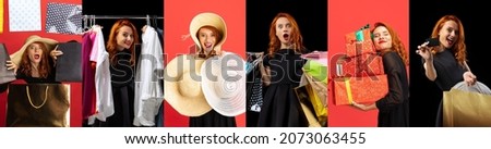 Collage of portraits of beautiful smiling woman, shopocholic doing shopping activity isolated over multicolored background. Concept of shopping, sales, lifestyle, happiness. Copy space for ad
