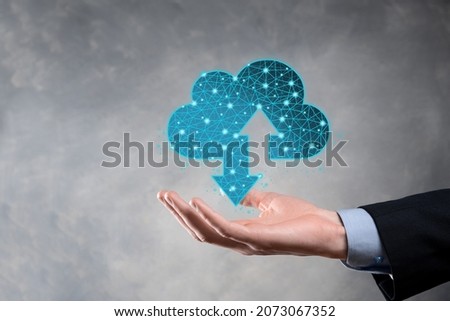 Man hold Cloud icon technology. Polygonal wireframe cloud storage sign with two arrows up and down. Cloud computing, big data center, future infrastructure, digital ai concept. Virtual hosting symbol.