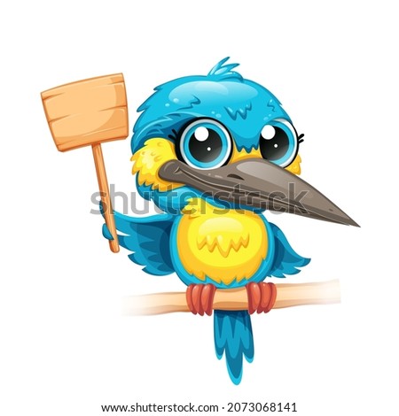 Bird Presenting Wooden Signboard. Cute bird character holding message board with copy space for a note. Kingfisher Vector illustration.