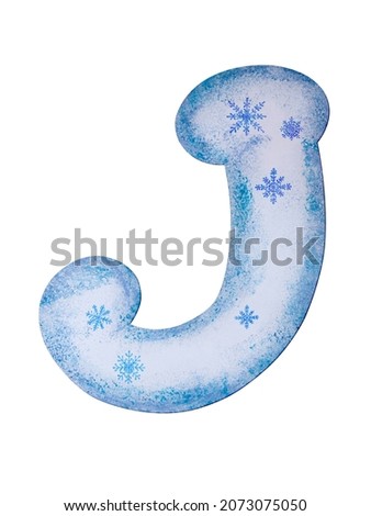 The letter J is stylized as a snowdrift decorated with beautiful snowflakes and spots, smears and specks of blue and lilac paint in winter style