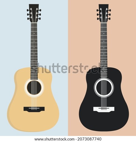 Flat guitar. Acoustic guitar on colored background. Isolated stylized art. Vector set.