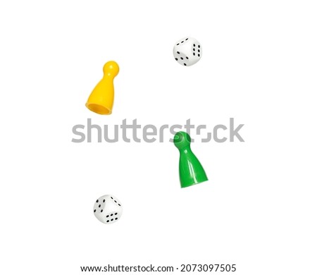 figures for board game and dice in air isolated on white background. levitation Royalty-Free Stock Photo #2073097505