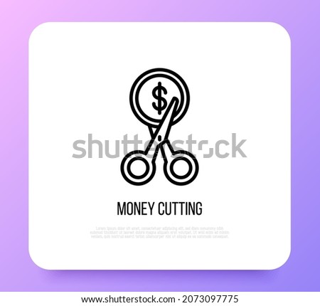 Cut price thin line icon: scissors cutting dollar coin. Special offer. Modern vector illustration.
