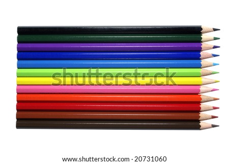 Many colored pencils isolated on white background.
