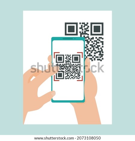 Scan QR code using your smartphone. Person holds phone in hands and scans QR code. Digital technologies, mobile application, Two-dimensional barcode. Quick Response. Vector illustration, flat style