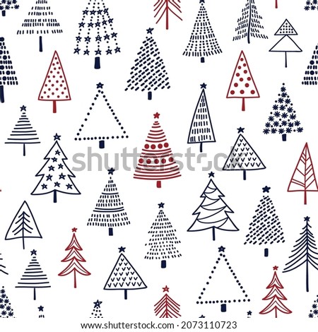 Seamless pattern with hand drawn Christmas trees on white background. Vector illustration.